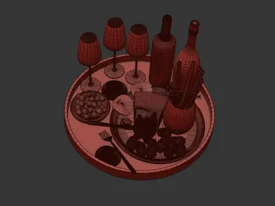 Food Set Cheese Plate With Sausages and Wine  3D model