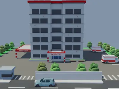 Low poly Hospital building with car Low-poly 3D model
