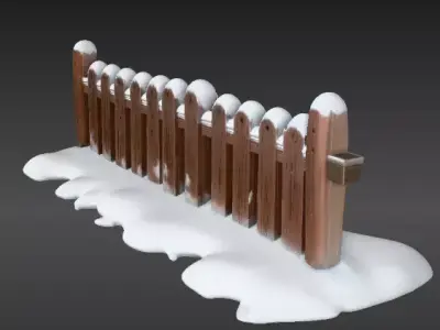 Snowy Wooden Fence 3D Model Winter Game Ready Christmas Low-poly 3D model