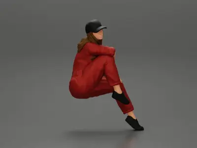 Tired woman mechanic in suit and cap sitting 3D print model