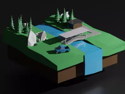 Low Poly World house on island with trees and river Low-poly 3D model
