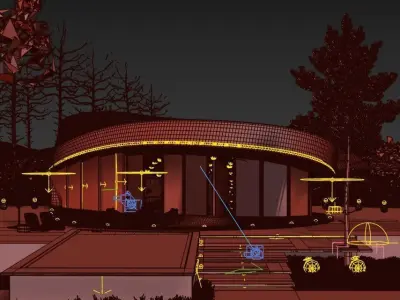 Modern Curved Villa Exterior with Pool and Night Lighting Low-poly 3D model