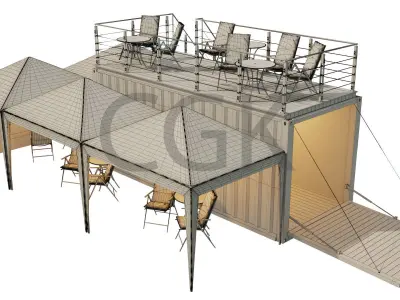Mobile-shipping-container-restaurant tent with tables and chairs 3D model