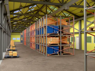 Warehouse filled with pallets and boxes Low-poly 3D model
