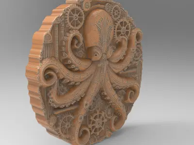 Steampunk Octopus Coin Plaque -Detailed Mechanical Decor 3D print model