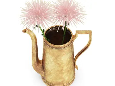 Pink Flowes in Golden Teapot 3D model