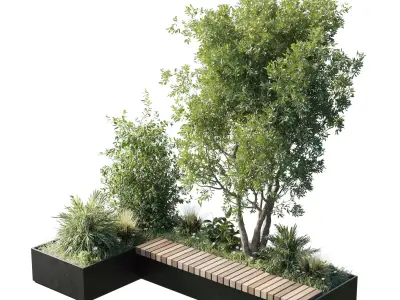 Urban Environment - Urban Furniture - Green Benches With tree 45 Low-poly 3D model