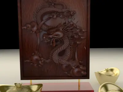 Chinese gold ingot with dragon pattern 3D model