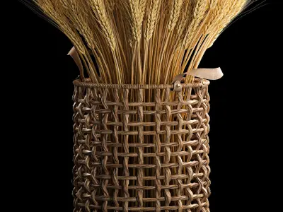 Decorative bouquet of ears of wheat in a wicker basket 285 3D model