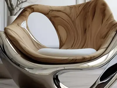 Futuristic Armchair Polished Metal Wood Sculptural Chair 3D Low-poly 3D model