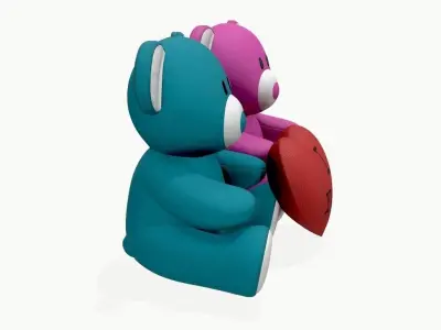two teddy bear plush toys with heart 3D model
