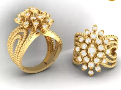 Floral Diamond Cluster Gold Ring 3D print model