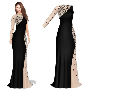 Luxury Beaded Long Black Prom One Arm Dress Low-poly 3D model