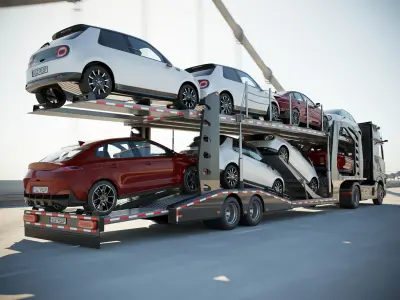 Semi-truck with car carrier trailer 3D model