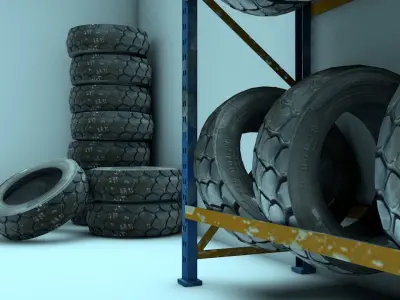 Car tires and a shelf for them Low-poly 3D model