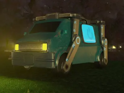 Low-Poly Van truck in grass at night Low-poly 3D model