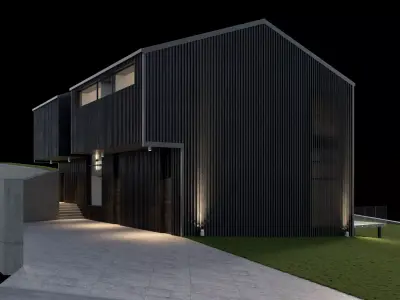 Modern barn house with furniture 3D model