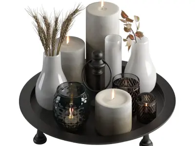decorative set 5 tray with candles and vases 3D model