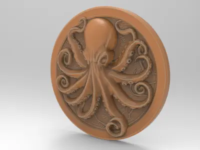 Octopus Coin Round Medallion - Plaque 3D print model