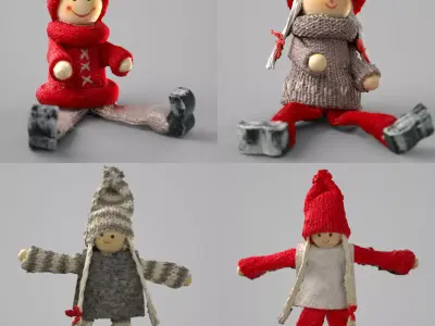 Wooden Decorative Doll Figure - 4 Pack Low-poly 3D model