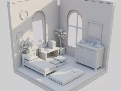 Cozy Bedroom Interior 3D Cartoon Room Wooden Furniture Plants Low-poly 3D model