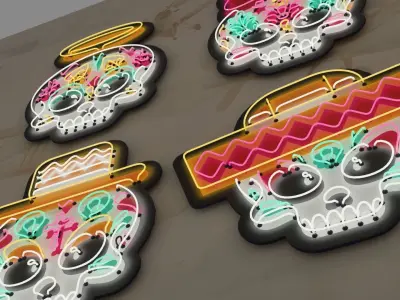 4 Cute Neon Wall Decoration with Skull Patterns Low-poly 3D model