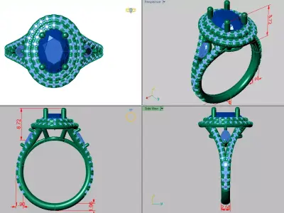 Double Halo Oval Ring with Marquise stone between shanks 3D print model