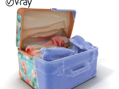 Vintage Floral Suitcase Model Pack with Clothing Items Low-poly 3D model