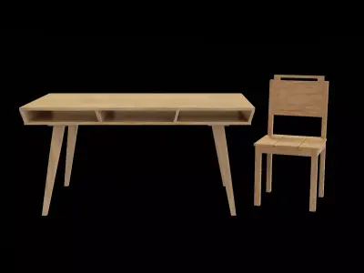Dining Set 1 wooden desk and chair Low-poly 3D model