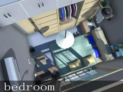 Low poly Bedroom room with closet and clothes Low-poly 3D model