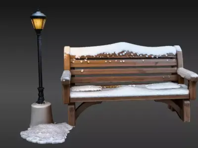 Winter Street Bench with Lantern 3D Scene  Model Holiday Scene  Low-poly 3D model