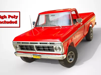 Ford Classic F100 pickup 1976 New Red Low-poly 3D model