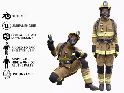 Realistic 3D model of Woman Firefighter - Modular - Rigged Low-poly 3D model
