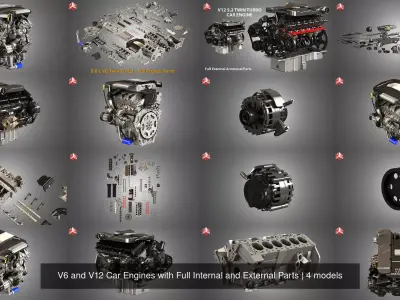 V6 and V12 Car Engines with Full Internal and External Parts 3D Model Pack