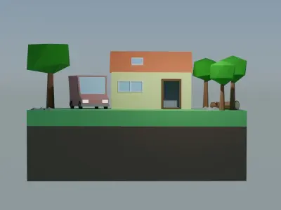 House LOW POLY on island with trees Low-poly 3D model