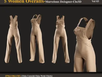 5 Women Overalls -Md-Clo3D - FBX - OBJ 3D model