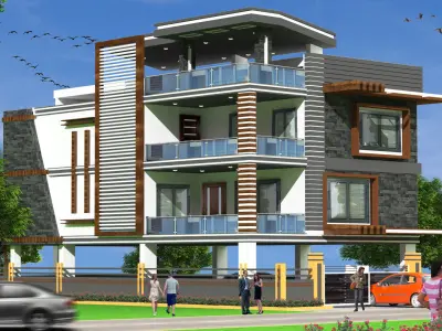 Residencial apartment building with car on street Low-poly 3D model