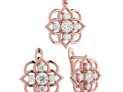 Flower shaped jewelry set of earrings and pendant with stones 3D print model