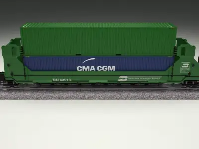 Green Train Well Car w Containers 3D model