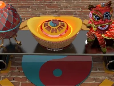 Chinese lion dance figure with yuanbao 3D model