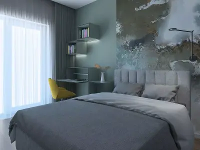 Extraordinary bedroom with a green wall 3D model