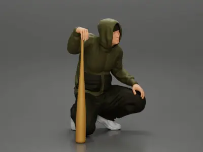 gangster homie in hoodie sitting holding a baseball bat 3D print model