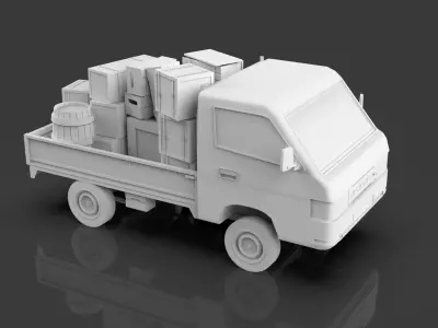 Low Poly Truck With Crates And Barrels - Untextured  Low-poly 3D model