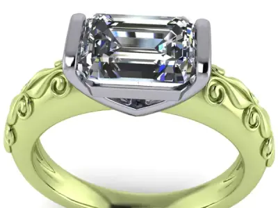 Vintage Emerald Cut Scroll Hand Crafted Engraving design Ring 3D print model