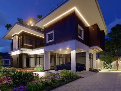 Villa model modern house with car parked 3D model