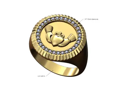 Fluted bezel Claddagh heart crown diamond signet ring size 9 3D print model