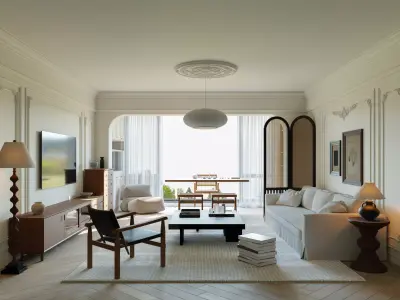 Cream Vintage Living Room 3D Interior Scene 3D model
