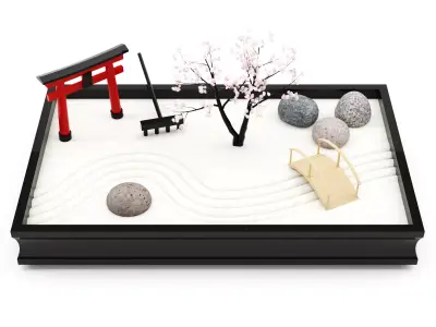 Miniature zen garden with gemstone tree torii and wooden bridge 3D model