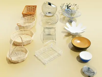 Basket and bowls collection 14 items 3D model