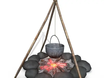 Campfire tepee with fire and rocks Free low-poly 3D model